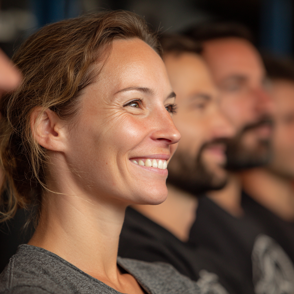 Group of diverse Hungarian adults in their 40s and 50s participating in a fitness class, showing joy and accomplishment