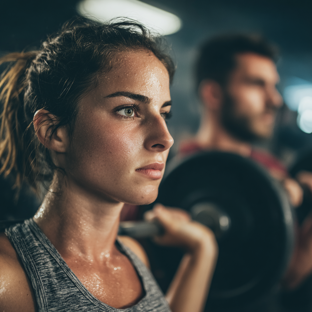 Confident Hungarian man in his 30s demonstrating proper exercise form with weights, showing strength and focus
